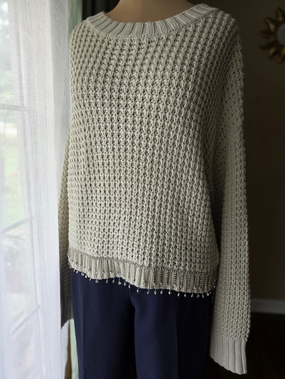 Cream Rhinestone Fringe Sweater Size S Cotton Open Knit Embellished Statement